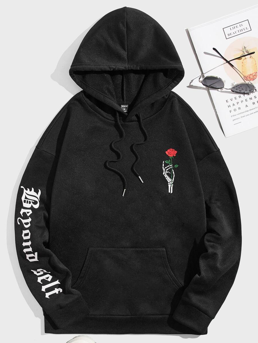 GENTILAND Men Letter & Floral Print Kangaroo Pocket Drawstring Hoodie - Black - View 1