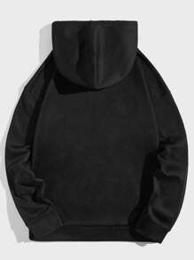 GENTILAND Men Letter & Floral Print Kangaroo Pocket Drawstring Hoodie - Black - View 2