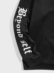 GENTILAND Men Letter & Floral Print Kangaroo Pocket Drawstring Hoodie - Black - View 3