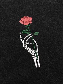 GENTILAND Men Letter & Floral Print Kangaroo Pocket Drawstring Hoodie - Black - View 4