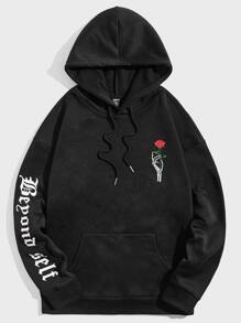 GENTILAND Men Letter & Floral Print Kangaroo Pocket Drawstring Hoodie - Black - View 5