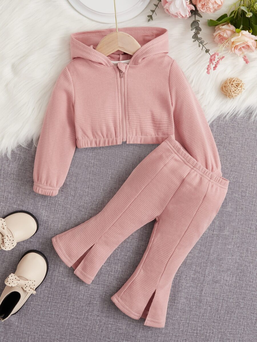 SHEIN 嬰兒女寶寶1件鬆糕針織連帽夾克和1件劈叉下擺喇叭褲 - 藕粉色 - 查看 1