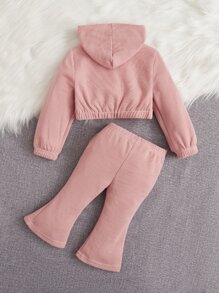 SHEIN 嬰兒女寶寶1件鬆糕針織連帽夾克和1件劈叉下擺喇叭褲 - 藕粉色 - 查看 2