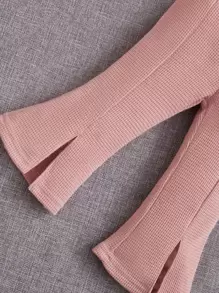 SHEIN 嬰兒女寶寶1件鬆糕針織連帽夾克和1件劈叉下擺喇叭褲 - 藕粉色 - 查看 3