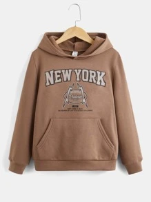 SHEIN 青少年男孩标语图案袋鼠口袋卫衣 - 摩卡棕 - 查看 1