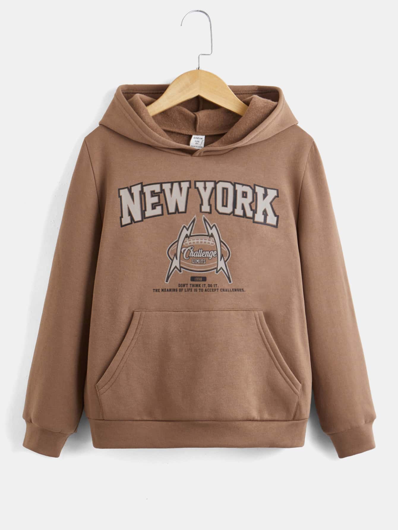 SHEIN 青少年男孩标语图案袋鼠口袋卫衣 - 摩卡棕 - 查看 1