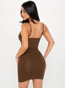 SHEIN PETITE 蕾絲拼接褶邊吊帶連衣裙 - 咖啡棕 - 查看 2