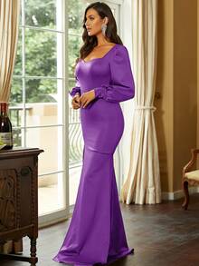 Missord Sweetheart Neck Lantern Sleeve Split Thigh Formal Dress - Violet Purple - View 6