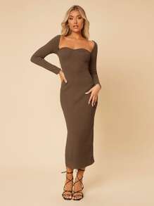 SHEIN PETITE Đầm Chia Gân đan màu trơn Thanh lịch - Cà phê nâu - Xem 1