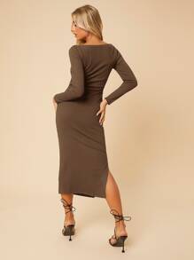 SHEIN PETITE Đầm Chia Gân đan màu trơn Thanh lịch - Cà phê nâu - Xem 2