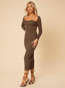 SHEIN PETITE Đầm Chia Gân đan màu trơn Thanh lịch - Cà phê nâu - Xem 5