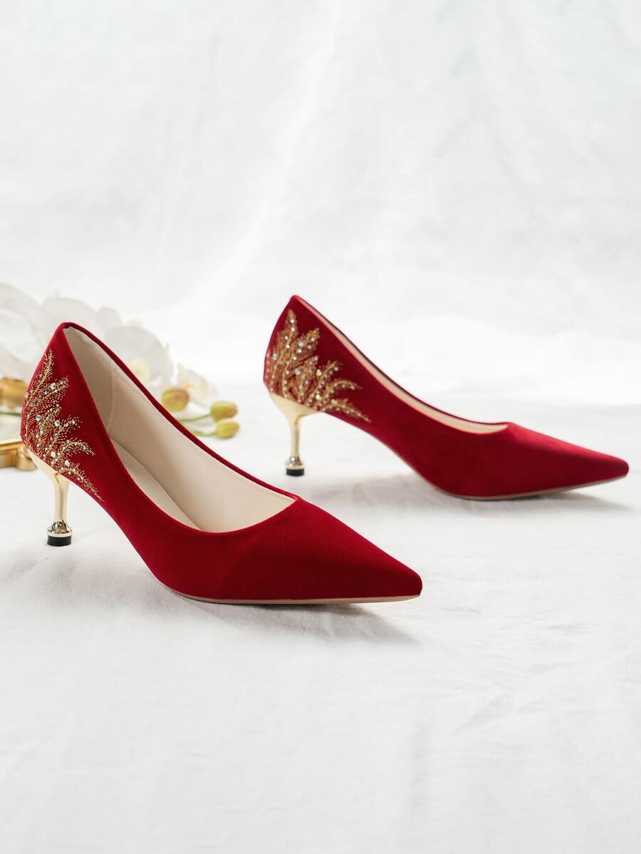 Zapatos de tacón con diseño bordado con diseño de diamante de imitación de serraje falso - Burdeos - Ver 1