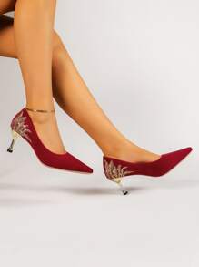 Zapatos de tacón con diseño bordado con diseño de diamante de imitación de serraje falso - Burdeos - Ver 4