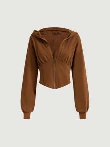 SHEIN MOD Drop Shoulder Heathered Knit Zip-Up Hoodie - Brown - View 1
