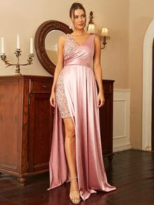 Missord Contrast Sequins Wrap Hem Maxi Formal Dress - Baby Pink - View 3