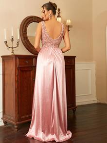 Missord Contrast Sequins Wrap Hem Maxi Formal Dress - Baby Pink - View 2