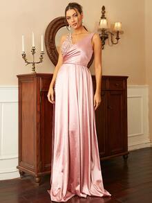 Missord Contrast Sequins Wrap Hem Maxi Formal Dress - Baby Pink - View 4