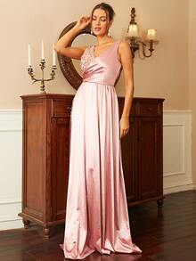 Missord Contrast Sequins Wrap Hem Maxi Formal Dress - Baby Pink - View 6