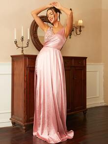Missord Contrast Sequins Wrap Hem Maxi Formal Dress - Baby Pink - View 8
