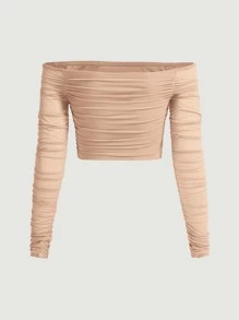 SHEIN MOD 一字肩褶邊網紗上衣 - 杏色 - 查看 2