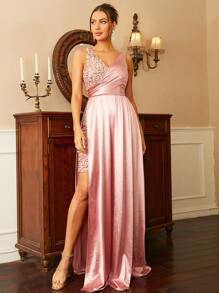 Missord Contrast Sequins Wrap Hem Maxi Formal Dress - Baby Pink - View 1