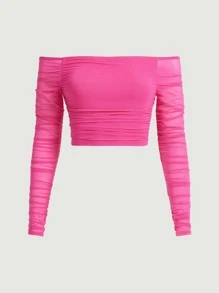 SHEIN MOD 一字肩褶邊網紗上衣 - 粉色 - 查看 1