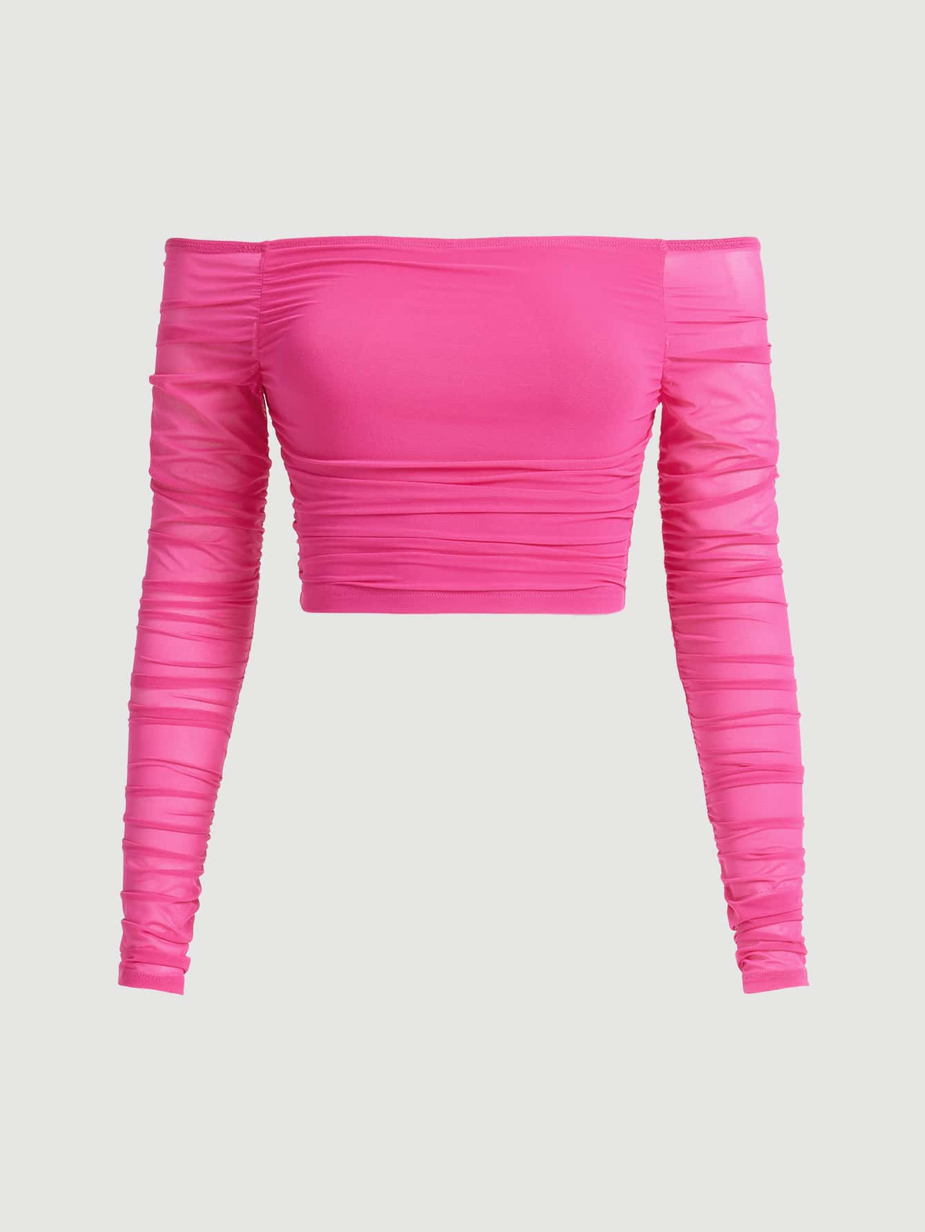 SHEIN MOD 一字肩褶邊網紗上衣 - 粉色 - 查看 1