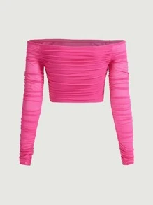 SHEIN MOD 一字肩褶邊網紗上衣 - 粉色 - 查看 2