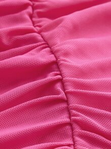 SHEIN MOD 一字肩褶邊網紗上衣 - 粉色 - 查看 3