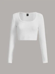 SHEIN EZwear Solid Spring Scoop Neck Rib-Knit Crop Tee - White - View 1