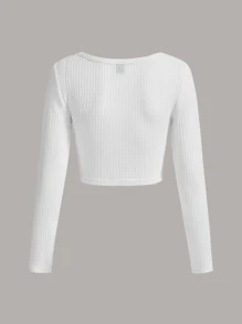 SHEIN EZwear Solid Spring Scoop Neck Rib-Knit Crop Tee - White - View 2