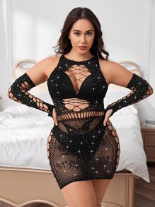 Plus Rhinestone Cut Out Dress & Arm Sleeves Without Liner - Black - View 1