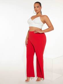 SHEIN SXY Plus Wrap Hem Flare Leg Trousers - Red - View 6
