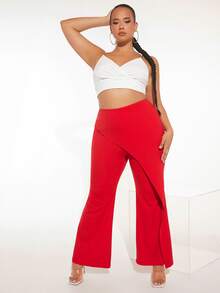 SHEIN SXY Plus Wrap Hem Flare Leg Trousers - Red - View 3