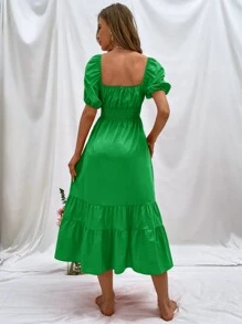 SHEIN VCAY 泡泡袖前繫帶腰部打褶多層下擺洋裝 - 綠色 - 查看 2