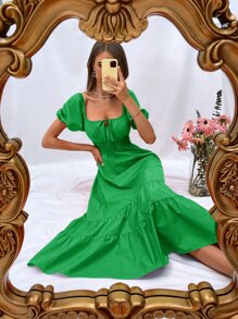 SHEIN VCAY 泡泡袖前繫帶腰部打褶多層下擺洋裝 - 綠色 - 查看 3