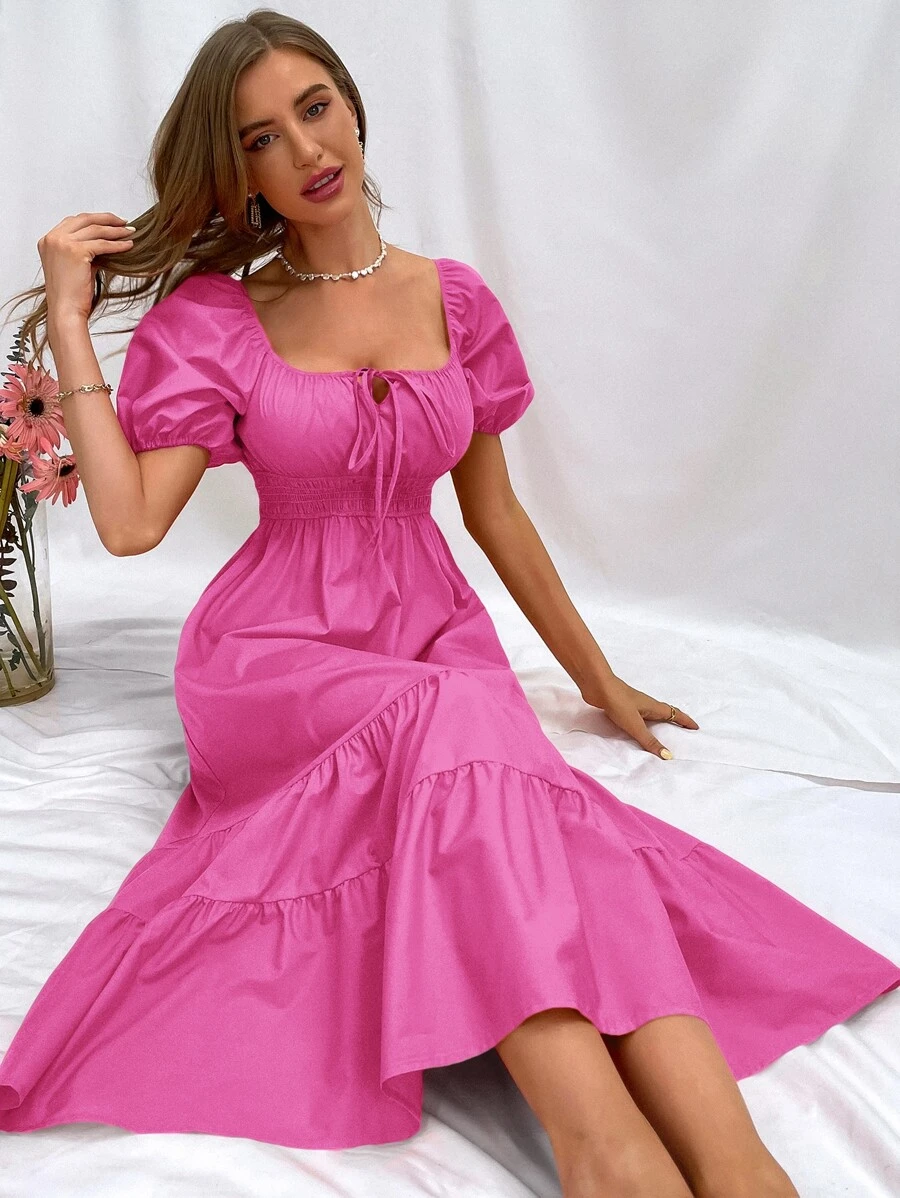 GENKIRA 泡泡袖前繫帶腰部打褶多層下擺洋裝 - 玫紅色 - 查看 1