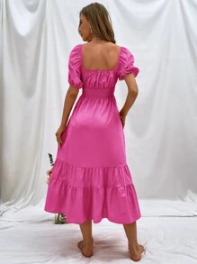 GENKIRA 泡泡袖前繫帶腰部打褶多層下擺洋裝 - 玫紅色 - 查看 2