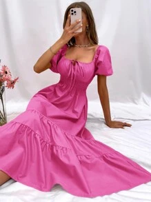 GENKIRA 泡泡袖前繫帶腰部打褶多層下擺洋裝 - 玫紅色 - 查看 4