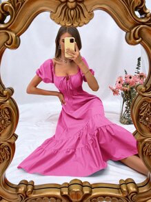 GENKIRA 泡泡袖前繫帶腰部打褶多層下擺洋裝 - 玫紅色 - 查看 6