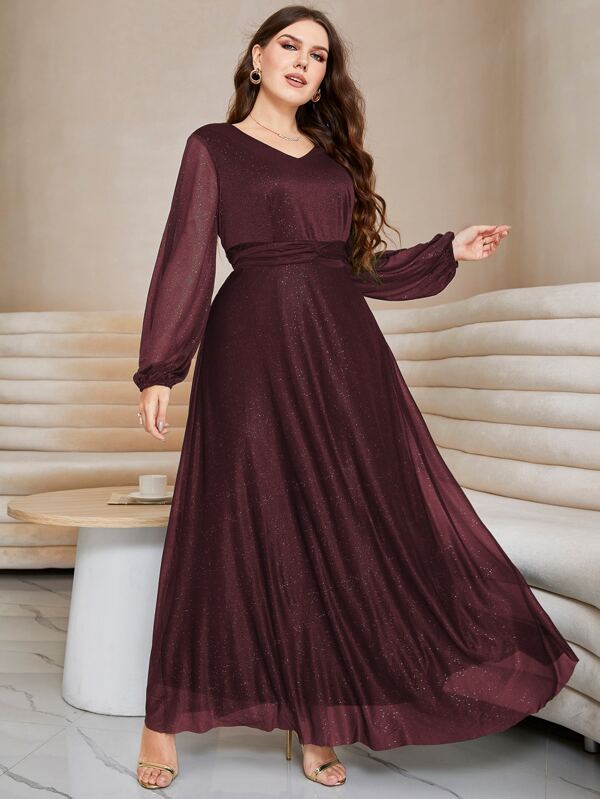 Modelyn Plus Twist Bishop Sleeve Mesh Dress Maxi Women Outfit Long Evening Dresses