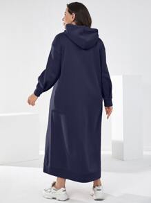 Mulvari 加大码字母贴布袋鼠口袋落肩抽绳卫衣连衣裙 - 藏蓝色 - 查看 2