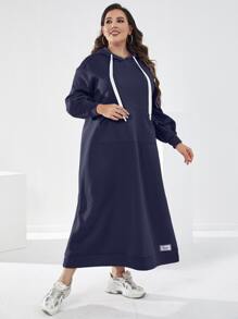 Mulvari 加大码字母贴布袋鼠口袋落肩抽绳卫衣连衣裙 - 藏蓝色 - 查看 4