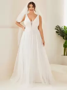 Elasola 珍珠亮片腰部及地无袖网纱婚纱 白色优雅新娘礼服，优雅新娘 - 白色 - 查看 3