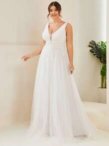 Elasola 珍珠亮片腰部及地无袖网纱婚纱 白色优雅新娘礼服，优雅新娘 - 白色 - 查看 4