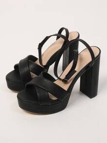 女士厚底防水高跟凉鞋，黑色踝带高跟鞋，派对系带高跟凉鞋，适合派对、时装秀、感恩节、圣诞节家庭聚会等场合。 - 黑色 - 查看 6