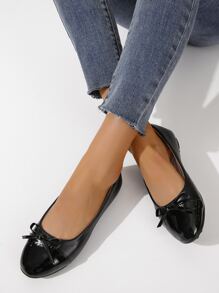 Ladies' Black Elegant Bowknot Detail Solid Color Ballet Flats With Butterfly Decor Valentines - Black - View 5