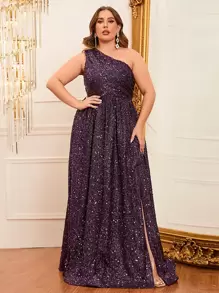 Đầm dạ hội maxi không tay, dáng rộng, cổ lệch bất đối xứng, đính sequin, xẻ tà cao, dành cho nữ cỡ lớn, hoàn hảo cho dạ hội và các sự kiện buổi tối. - Màu tím - Xem 1