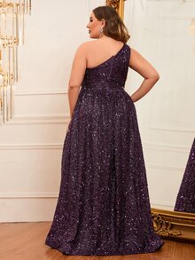 Đầm dạ hội maxi không tay, dáng rộng, cổ lệch bất đối xứng, đính sequin, xẻ tà cao, dành cho nữ cỡ lớn, hoàn hảo cho dạ hội và các sự kiện buổi tối. - Màu tím - Xem 2