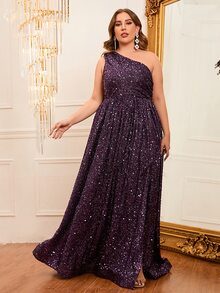 Đầm dạ hội maxi không tay, dáng rộng, cổ lệch bất đối xứng, đính sequin, xẻ tà cao, dành cho nữ cỡ lớn, hoàn hảo cho dạ hội và các sự kiện buổi tối. - Màu tím - Xem 5
